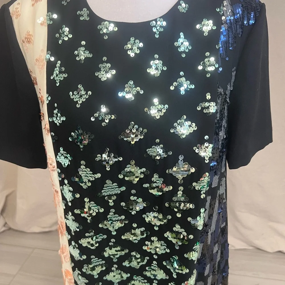 Tory Burch Retro Sequin Colorblock Shift Dress‎ Black Cream Sz 6 Mob Wife Luxury